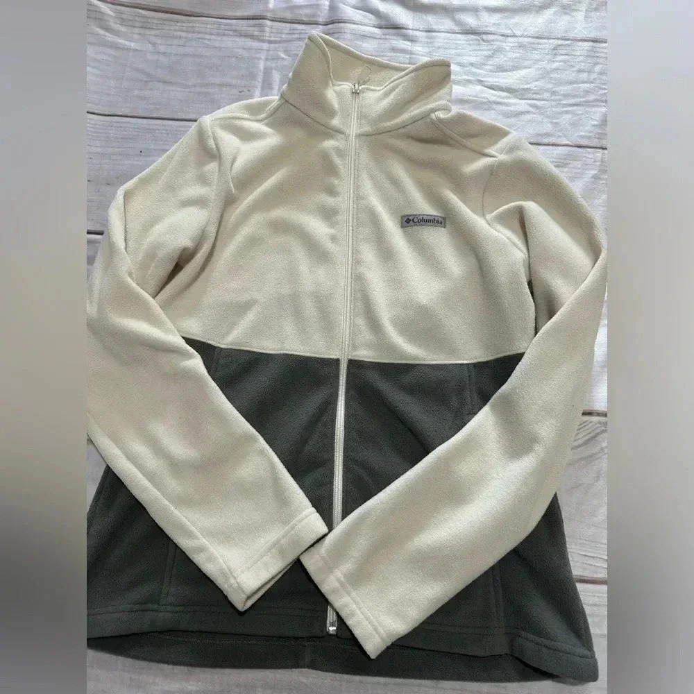Columbia Fleece Jacket Full Zip Color block Cream Gray Medium EUC